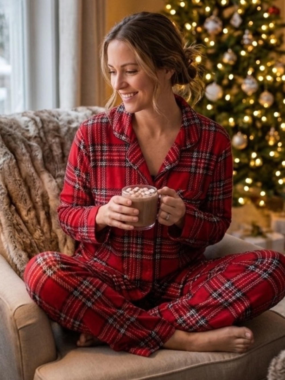 Cabernet | Christmas Red and Black Plaid Long Sleeve Pajama Set | Sz L|